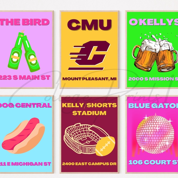 Central Michigan University Digital Prints, College Gifts, Trendy College Posters, Set of 6 Print Posters