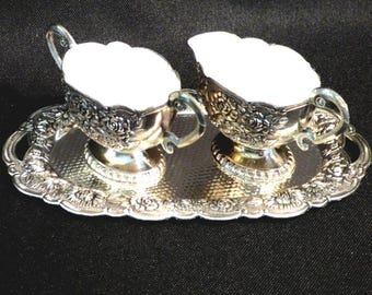 Silver Plated Cream and Sugar with Tray, Enamel Lined