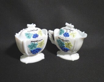 Westmoreland Milk Glass Figural Lidded Cream and Sugar Red / Blue