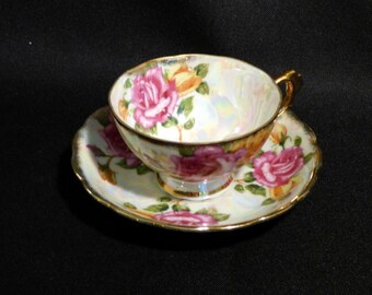 Red Rose Opalescent Lusterware Teacup and Saucer