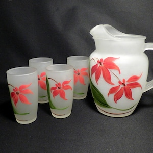 Vintage Frosted Pitcher and Four Matching 12 oz Glasses