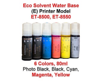 Eco Solvent Water Base Ink 6 Colors 80ml for (E) Printer models ET-8500, ET 8550, 6 Bottles