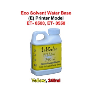 May include: A white plastic bottle of yellow InkColor ink, 240 ml, for Epson printers. The bottle has a handle and a screw-on cap. Text on the label reads "Eco Solvent Water Base" and "YELLOW".