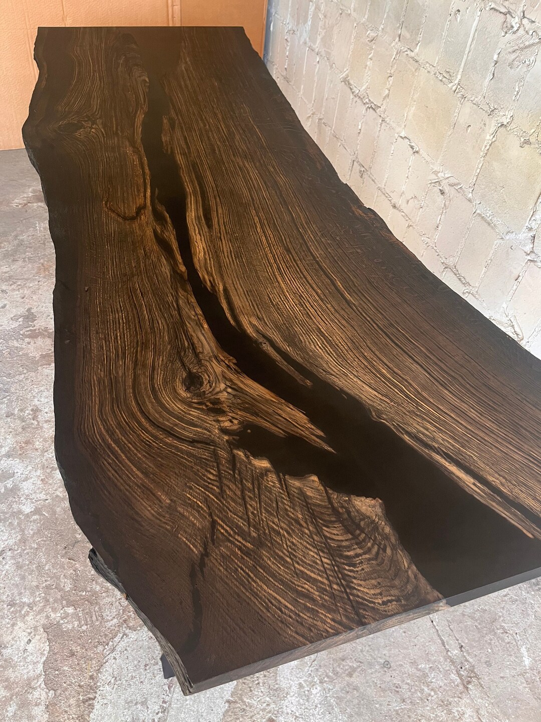 Black Oak Table With Cavities Filled With Black Resin, Natural Edge Etsy