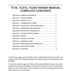 New Holland TC18 TC21D and TC24D Tractor Publication Number 87012847 Workshop Service Manual PDF