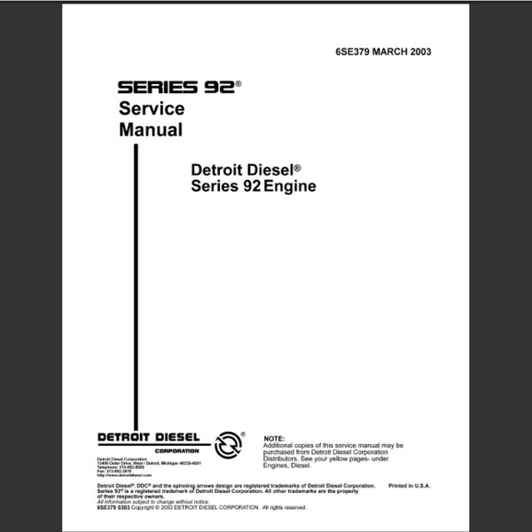 Detroit Diesel Series 92 diesel engine Service Workshop manual pdf digital download