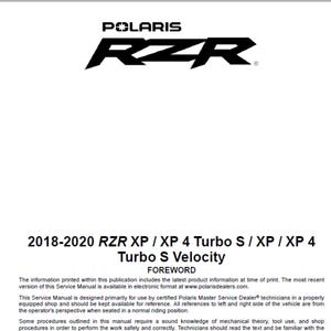2018 2020 RZR XP, XP 4 Turbo S, Xp and Xp 4 Turbo S Velocity Maintenance Repair Workshop service Manual pdf