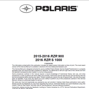 2015 2016 Polaris RZR 900 and  2016 Polaris RZR S 1000 Repair Workshop service Manual PDF