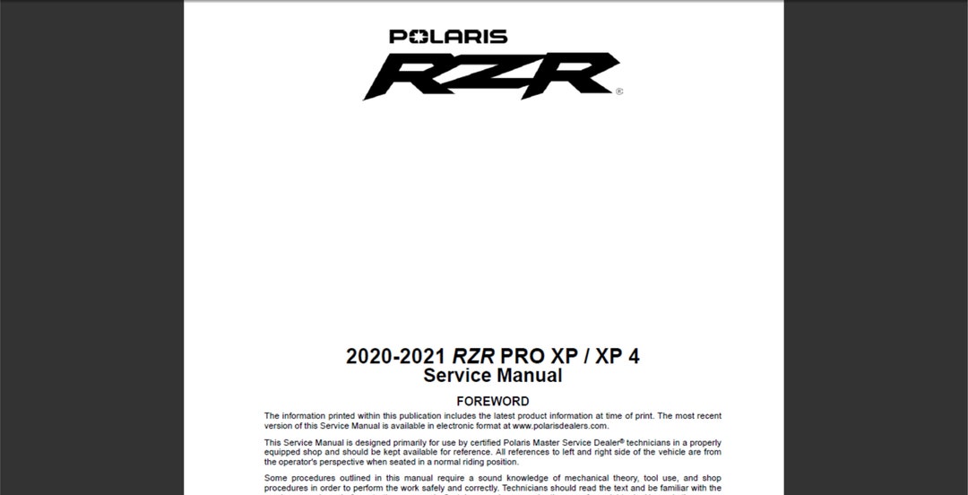 2020 2021 Polaris RZR Pro XP and RZR Xp 4 Repair Workshop Service ...