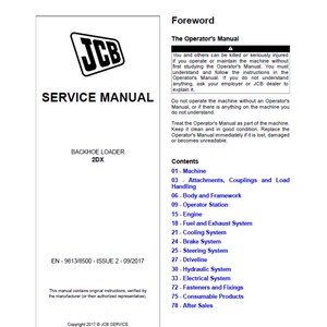 JCB 2DX Backhoe Loader Publication 9813/8500 Workshop Service Manual PDF digital download