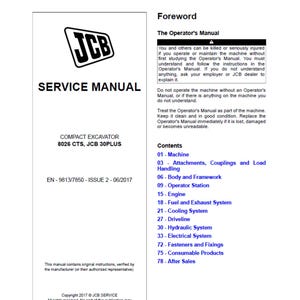 JCB 8026 CTS and JCB 30PLUS Compact Excavator Publication 9813/7850 Workshop Service Manual pdf digital download