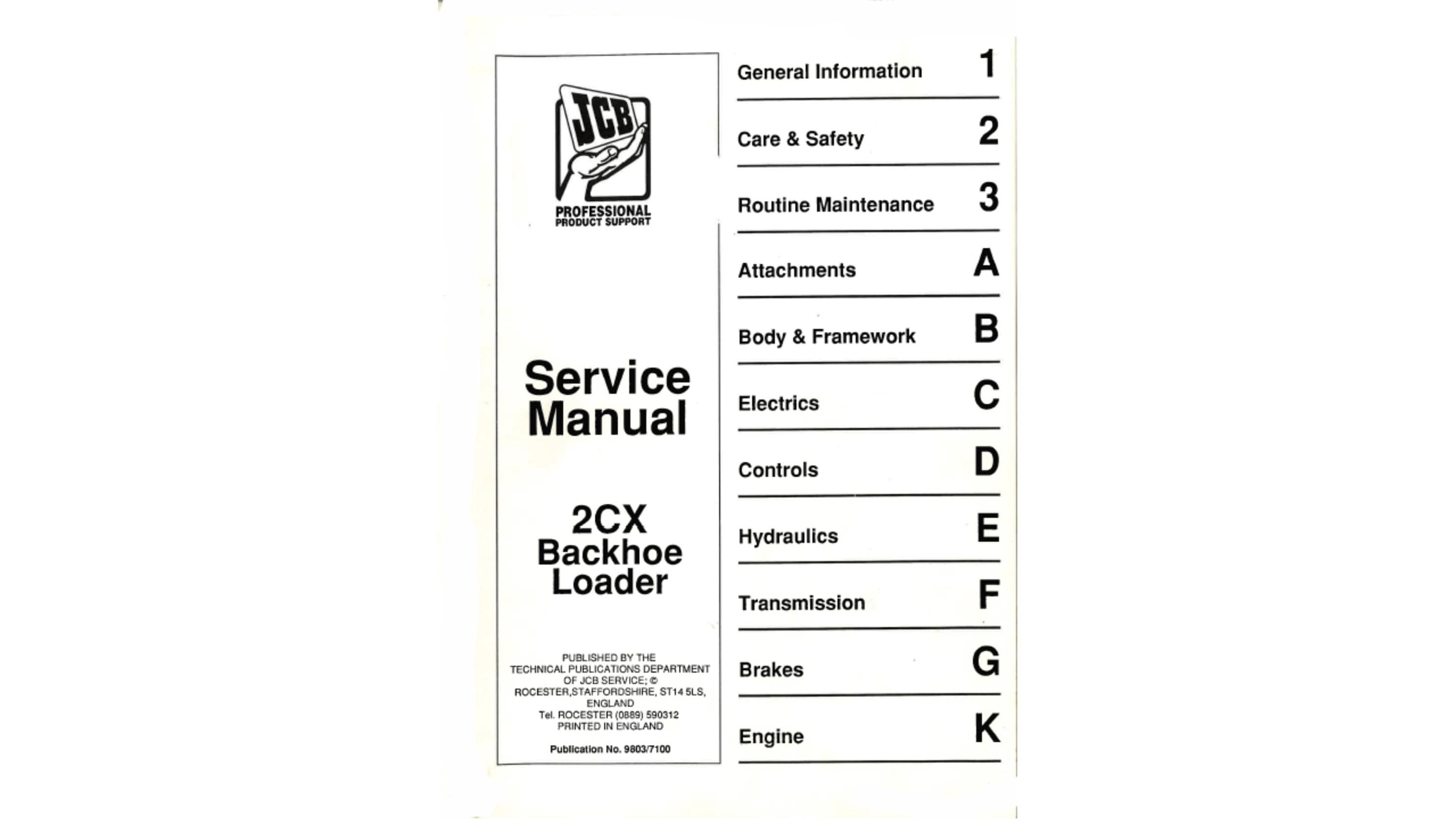 JCB 2CX Backhoe Loader Publication 9803/7100 Workshop Service