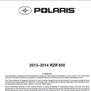 2013 2014 Polaris RZR 800 Manual de servicio de taller de reparación PDF