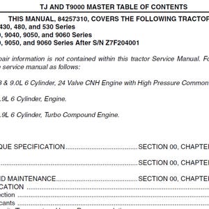 New Holland TJ280 TJ330 TJ380 TJ430 TJ480 TJ530 T9010 T9020 T9030 T9040 T9050 & T9060 Tractor Publication 84257310 Service manual Manual PDF