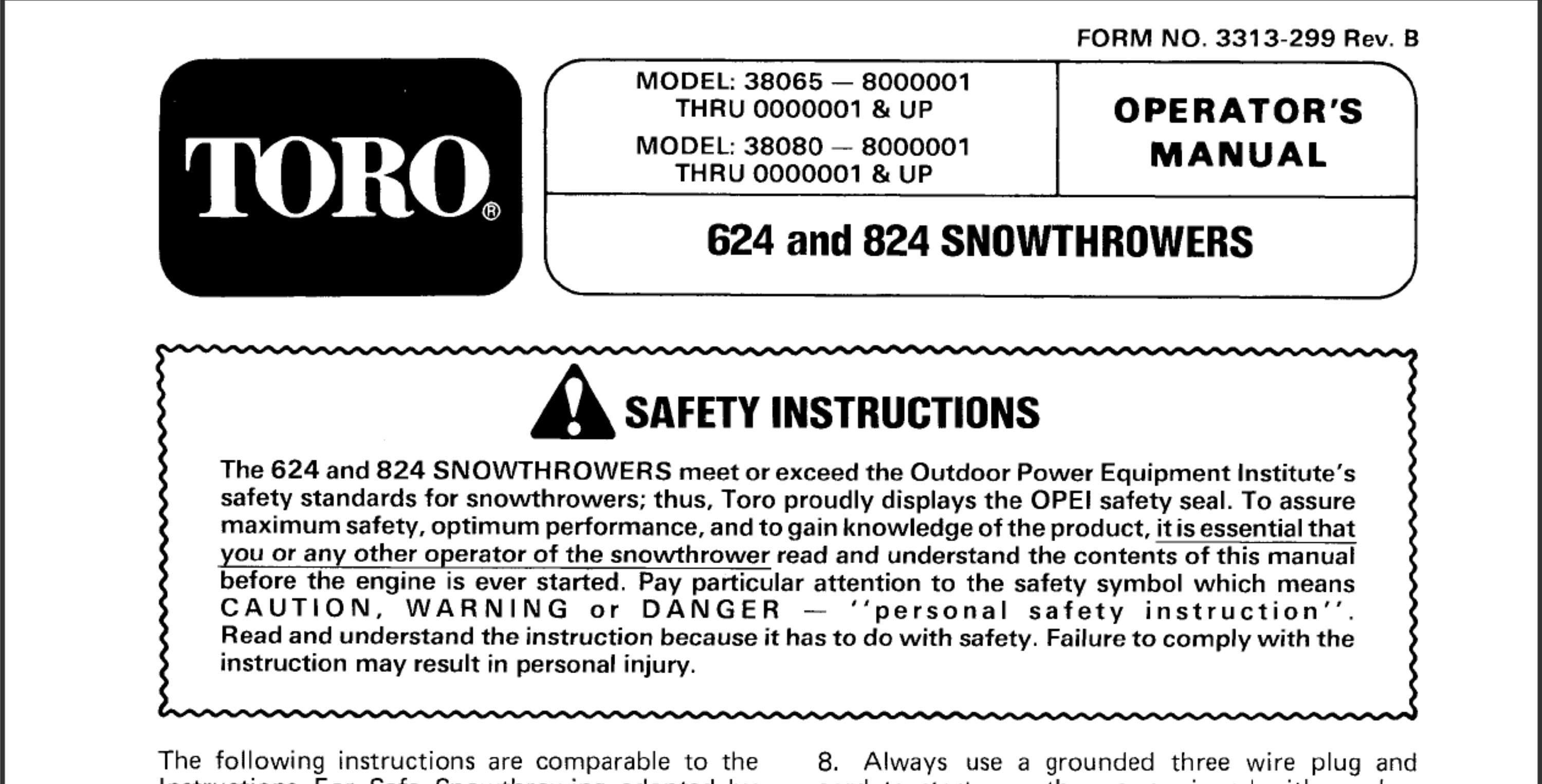 Toro 624 and Toro 824 Snowblower Snow Thrower Owners Manual PDF Digital