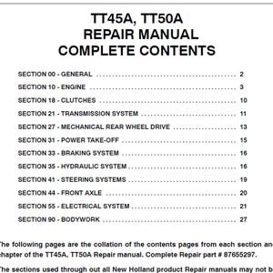 New Holland TT45A and TT50A Tractor Publication Number 87655297 Workshop Service Manual PDF
