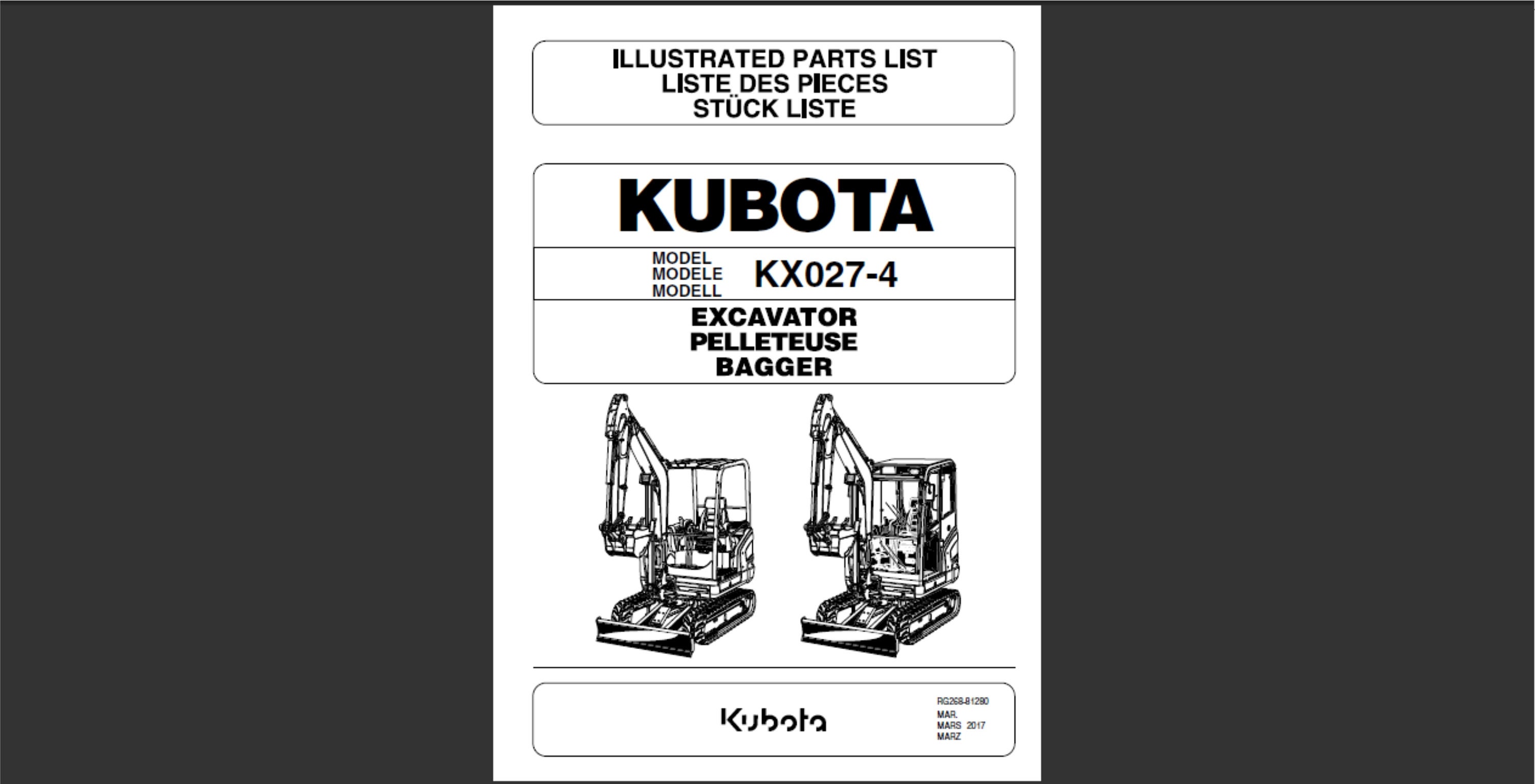 Kubota KX027-4 Excavator Spare Parts List Manual PDF Digital