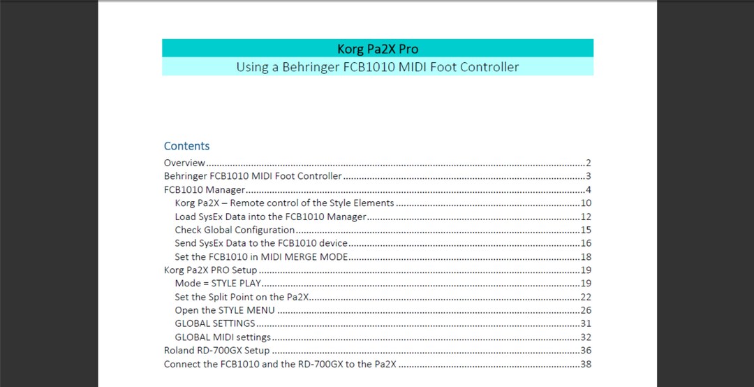 Pa2x Pro and Behringer FCB1010 MIDI Foot Controller Owners Manual