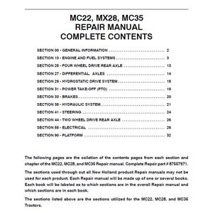 New Holland MC22 MC28 and MC35 Commercial Mower Part Number 87557971 Workshop Service Manual PDF