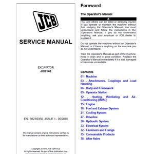 JCB JCB140 Excavator Publication Number 9823/0350 Workshop Service Manual pdf digital download