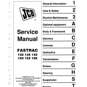 JCB 125 135 145 150 155 and 185 Fastrac Tractor Publication Number 9803/8000 Workshop Service Manual pdf download