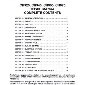 New Holland CR920, CR940, CR960 and CR970 Combine Part Number 87600552 Workshop Service Manual PDF download