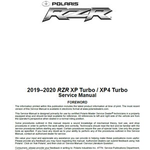 2019 2020 Polaris RZR XP and RZR XP4 Turbo Maintenance Repair Workshop service Manual pdf