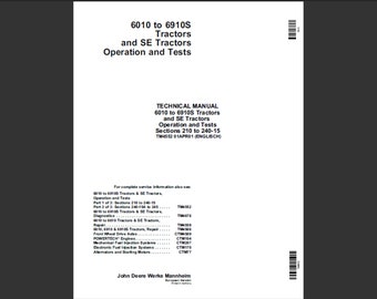 John Deere 610 to 6910S TM4552 & TM4559 Tractors Operators, Test and Repair Service Workshop Manual PDF digital download