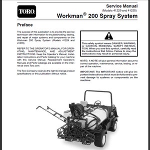 Toro Workman 200 スプレー システム モデル 41229 および 41235 ワークショップ サービス マニュアル PDF デジタル ダウンロード