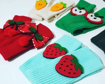 Baby Girl Knee High Socks, 0/3 Age, Apple, Carrot, Strawberry, Cherry Felt Decorated Baby Socks,