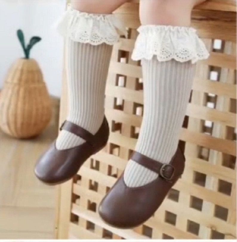 Lace Ribbed Knit Baby Girl Socks , Photoshoot Outfit Vintage ,Vintage Style Frilly Socks , Baby Girl Fall Accessories,Knee Length Stockings image 9