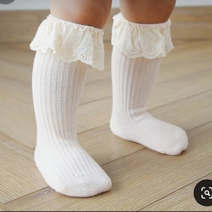 Lace Ribbed Knit Baby Girl Socks , Photoshoot Outfit Vintage ,Vintage Style Frilly Socks , Baby Girl Fall Accessories,Knee Length Stockings image 1