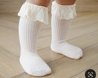 Lace Ribbed Knit Baby Girl Socks , Photoshoot Outfit Vintage ,Vintage Style Frilly Socks , Baby Girl Fall Accessories,Knee Length Stockings