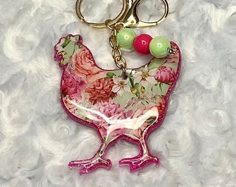 Chicken Keychain, Floral Chicken, Cute Chicken Keyring, Chicken Lover gift, Farmhouse Chicken Key Chain, Pink Chicken, Crazy Chicken Lady