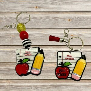 Personalized Teacher Keychain for Teacher Back to School, Custom Teacher Apple Key Chain, Pencil Key Chain, Cute Notebook Paper Key Ring