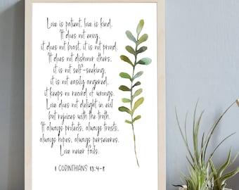 Love is patient love is kind love never fails | 1 Corinthians 13:4-8 | Wedding Art | Christian Art | Wedding Gift | Wedding Poster Printable