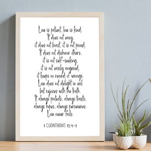 El amor es paciente, el amor es bondadoso, el amor nunca deja de ser / 1 Corintios 13:4-8 / Arte de bodas / Arte cristiano / Regalo de bodas / Póster de bodas imprimible