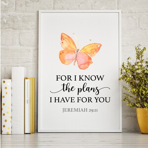 Porque sé los planes que tengo para ti / Jeremías 29:11 / Regalo cristiano / Arte de pared cristiano / Imprimible / Descarga digital