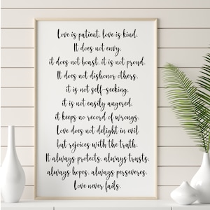 Love is patient love is kind love never fails | 1 Corinthians 13:4-8 | Wedding Art | Christian Art | Wedding Gift | Wedding Poster Printable