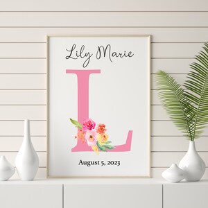 Custom Nursery Art | Pink Initial with Flowers |  Nursery Poster | Christian Nursery | Nursery Gift, Nursery Printable JPG PNG