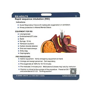 May include: A blue and white card with the title "RSI ADULTS Rapid sequence intubation (RSI)" and a list of equipment and procedures for rapid sequence intubation. The card also includes a diagram of a human airway.
