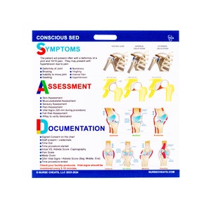 May include: A yellow and white illustrated guide for nurses on how to assess and document a patient with a conscious sedation. The guide includes illustrations of healthy and dislocated joints, including the shoulder, knee, and hip.