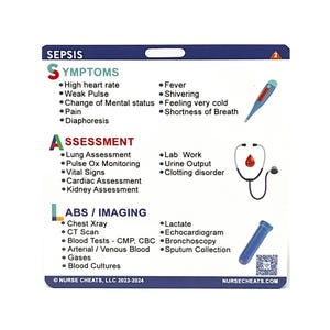 May include: A blue and white card with the word "SEPSIS" in bold at the top. The card is divided into three sections: Symptoms, Assessment, and Labs/Imaging. Each section lists common symptoms, assessments, and lab tests associated with sepsis. The card also includes illustrations of a thermometer, stethoscope, and a test tube.