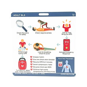 May include: A flowchart diagram for adult basic life support (BLS) with illustrations of CPR, AED use, and emergency response. The diagram includes text instructions for checking responsiveness, performing CPR, using an AED, and activating emergency response. The text "NURSE CHEATS, LLC 2023-2025 v1 (2025)" is at the bottom of the diagram.