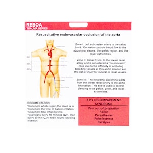 Side one of our REBOA badge buddy contains the zones of placement, documentation, and the 5 P's of compartment syndrome.
