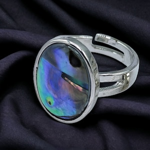 May include: An adjustable silver ring with an oval abalone shell. The shell has iridescent blue, green, and purple hues. The ring's band has a split design.