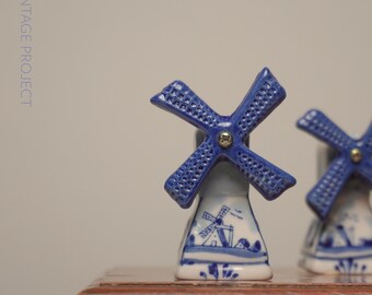 Vintage Delft Blau Blue White Porcelain Windmill Shakers, Salt and Pepper Shakers