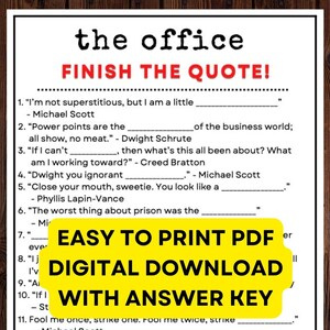 The Office Trivia - Finish the Quote Game! PDF Instant Digital Print at Home Game with fill in the blank questions!