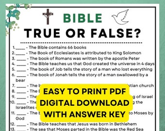 Bible True or False Game! Instant Digital Download PDF Printable 25 questions plus an answer key. Great for Parties!