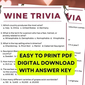 Wine Trivia Game!  Instant Digital Download PDF Printable 15 questions. Great for Parties!